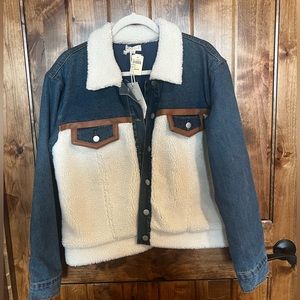 NWT! Denim Sherpa jacket with leather trims. Hem and thread
